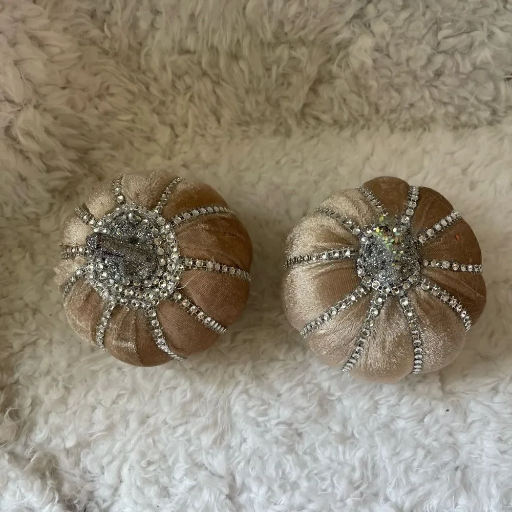 Pair of styrofoam pumpkins cover with offwhite velvet gold rhinestones &…